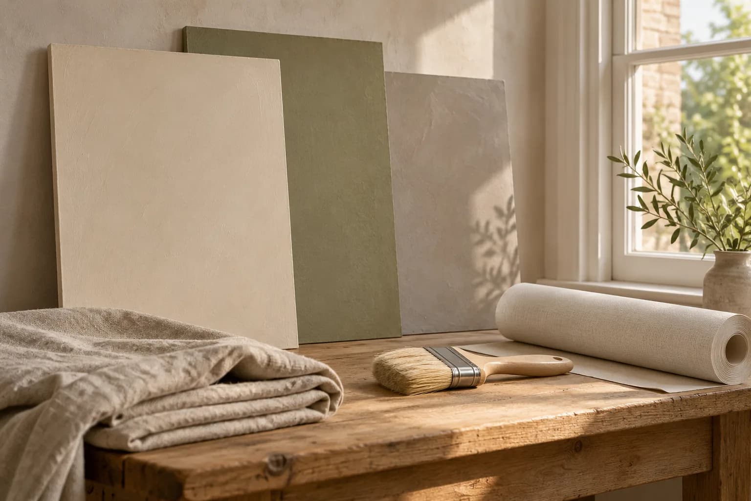 Illustrative paint sample boards, brush, linen and textured wallpaper