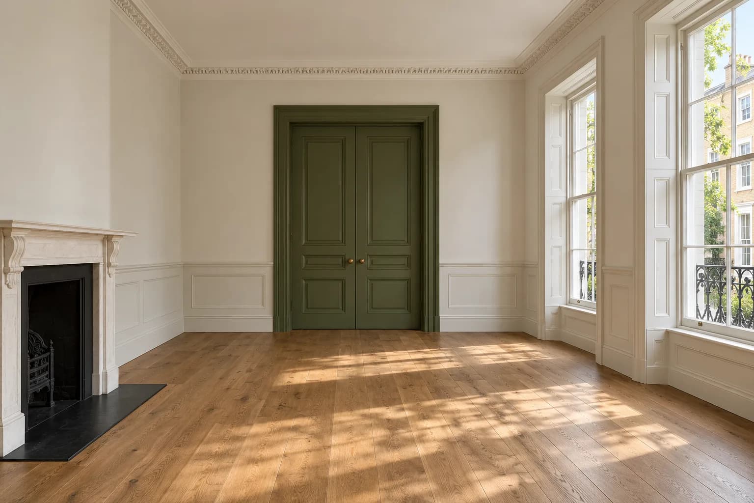 Illustrative period room with off-white walls, cornicing and olive painted panelled doors