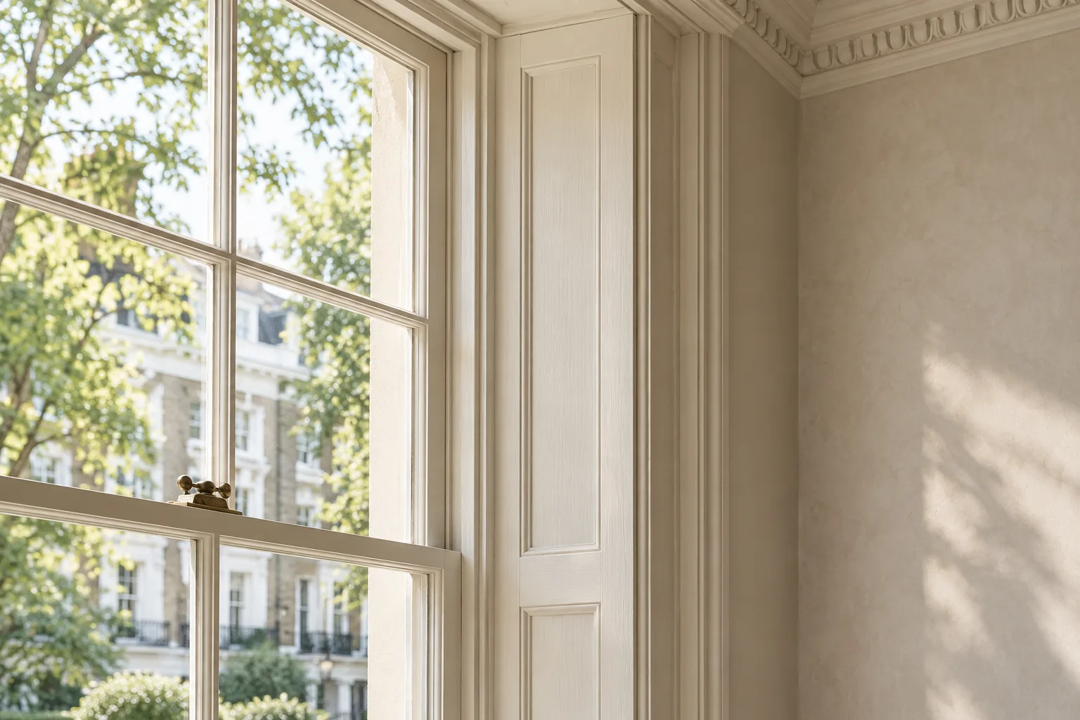 Illustrative sash window with ivory painted joinery beside a softly lit plaster wall